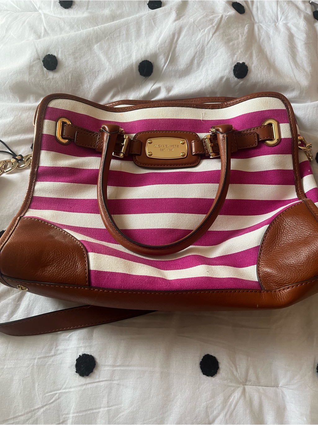 2000s Michael Kors Pink, White And Brown Striped Canvas Tote With Gold Plate